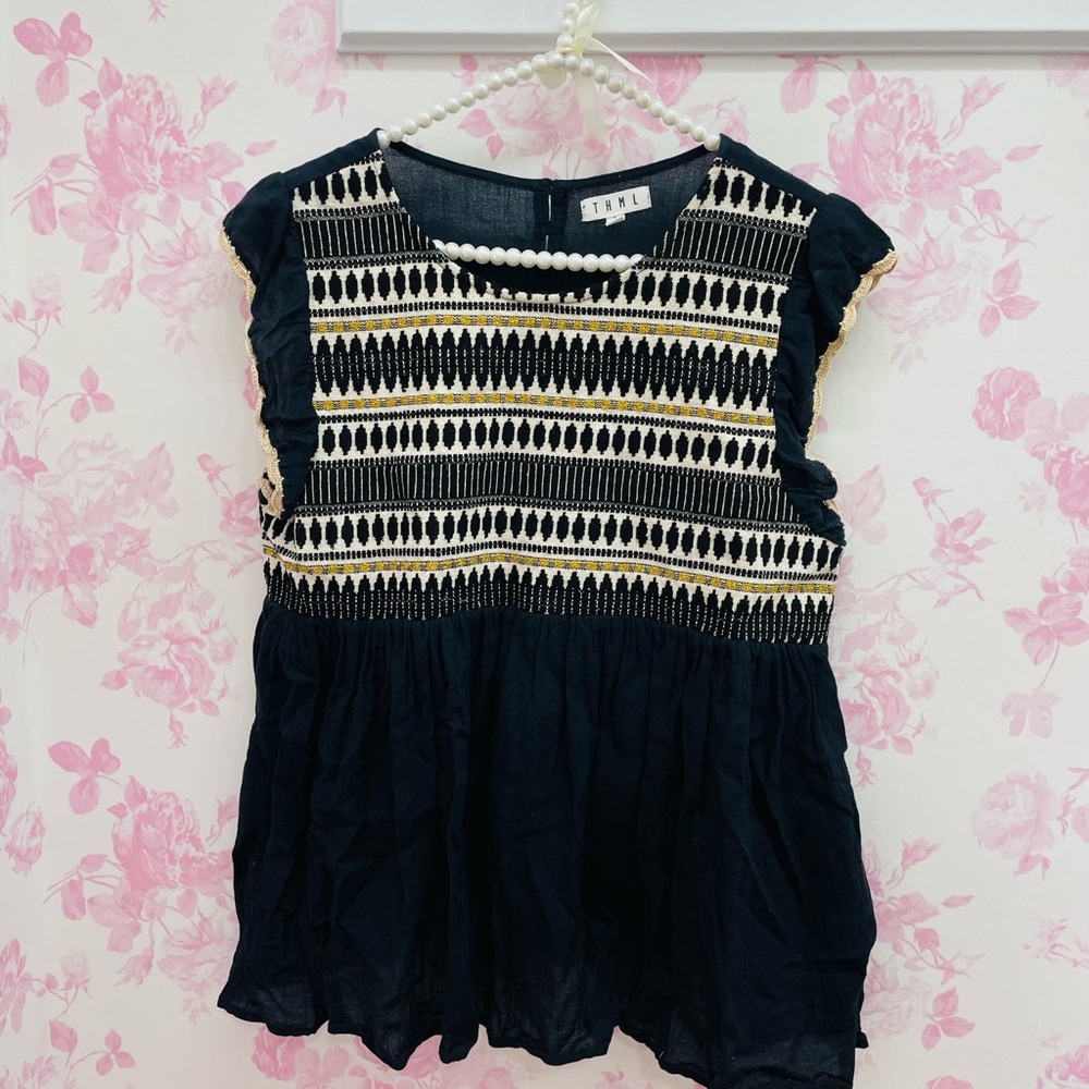 THML Black and Cream Ruffled Peplum Blouse